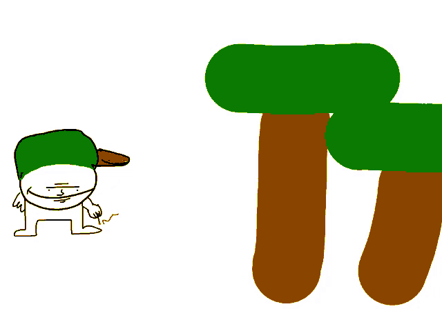 a drawing of a person pointing at a tree that is on fire