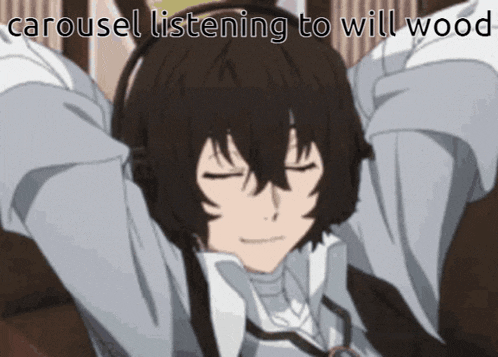 a man wearing headphones with the words " carousel listening to will wood " above him