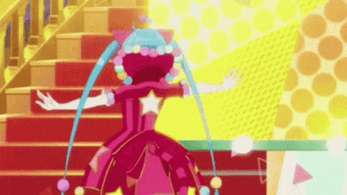 a cartoon character is standing on a set of stairs .