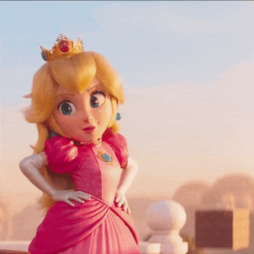 princess peach is wearing a pink dress and holding a yellow question mark block
