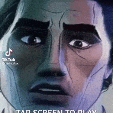 a close up of a cartoon character 's face with the words tap screen to play below it .