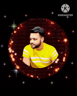 a man in a yellow shirt is in a circle with the words " picmix " on it