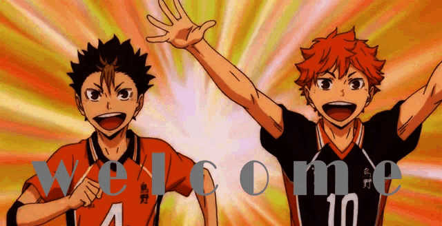a couple of anime characters with the word welcome in the bottom right corner