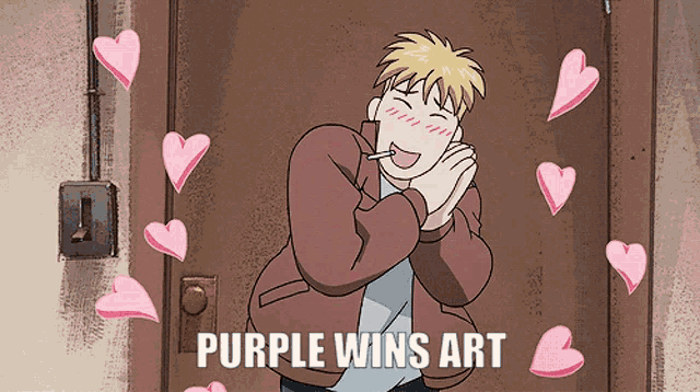 a cartoon of a man surrounded by pink hearts with the words purple wins art below him