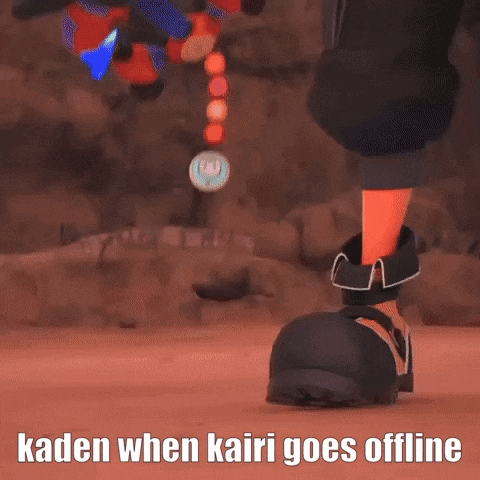 a video game character is walking on a red surface with the words kaden when kairi goes offline