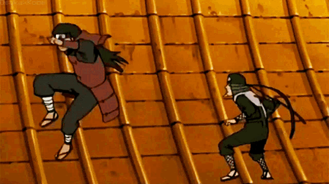 two ninjas are standing on a tiled roof and one of them is wearing sandals