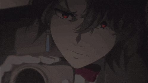 a close up of a person with red eyes holding a camera