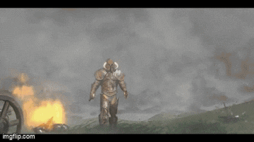 a knight in armor is holding a gun in a foggy scene .