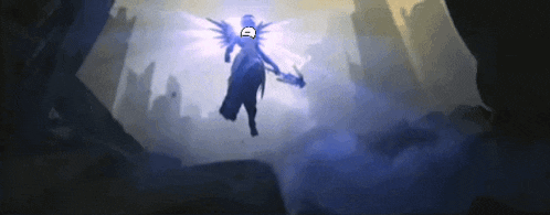 a person with wings is flying through the air and has a sad face on their face
