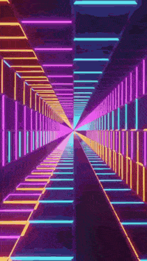 a colorful tunnel with neon lights and a rainbow in the middle