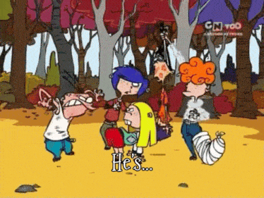 a group of cartoon characters are standing in a forest and the word he 's is on the bottom