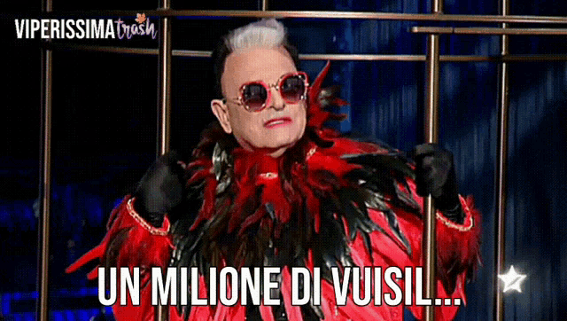 a man in a red feathered outfit says " un milione di vuosil "