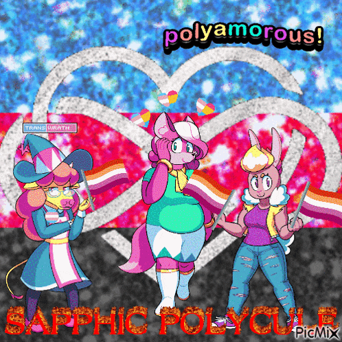 a picture of three cartoon characters with the words polyamorous written on the bottom