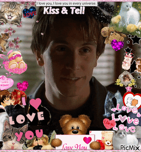 a picture of a man surrounded by stuffed animals with the words " kiss & tell " on top