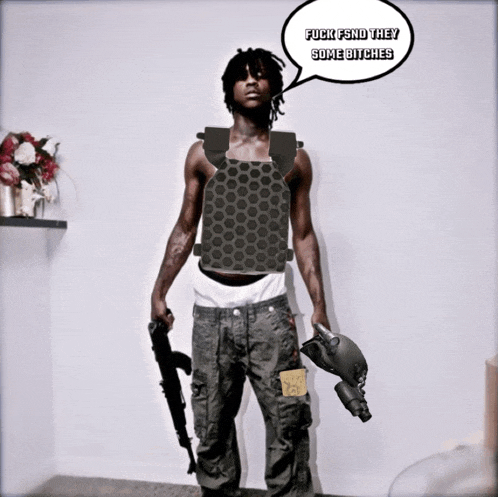 a man holding a gun and a helmet with a speech bubble saying fuck send the some bitches