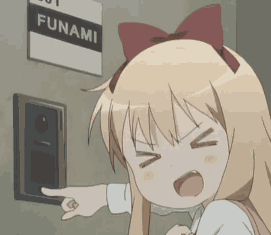 a girl is pointing at a sign that says funami on it
