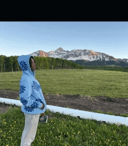 a person wearing a blue hoodie stands in a field with mountains in the background