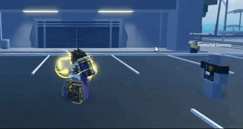 a person is standing in a parking lot in a video game with a sword .