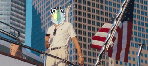 a man on a boat with a frog on his head holding a glass of wine
