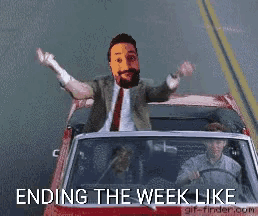 a man in a suit and tie is riding in a car with the words ending the week like written on the bottom