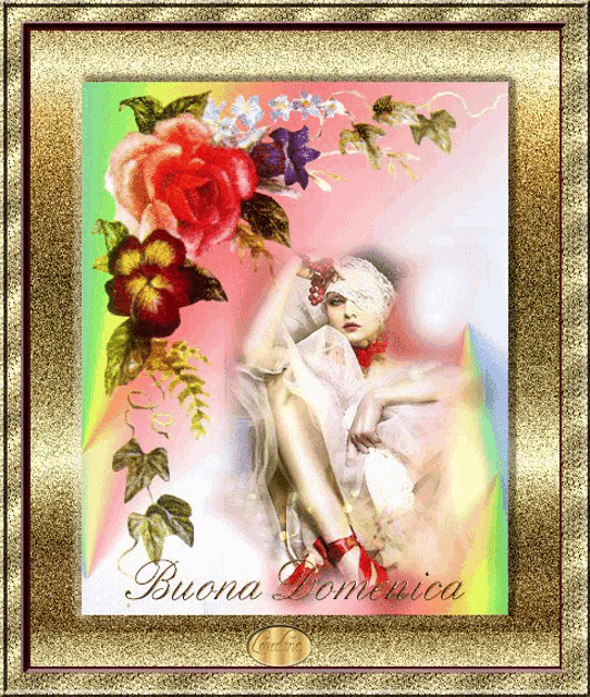 a picture of a woman surrounded by flowers with the words buona domenica on the bottom