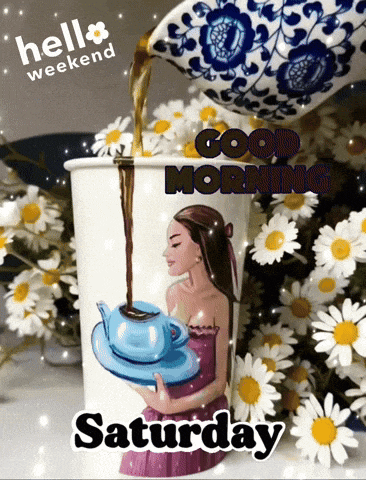 a woman is pouring coffee into a cup that says saturday on it