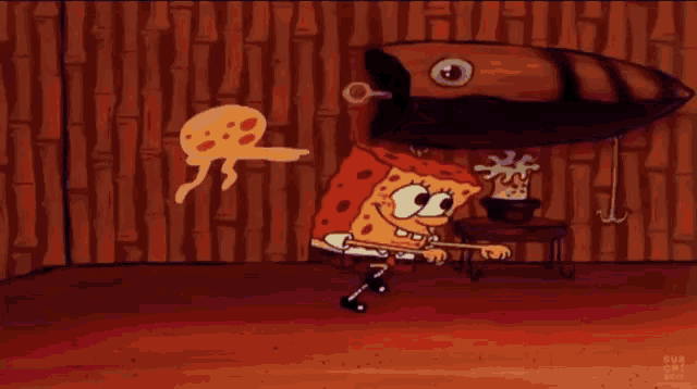 a cartoon of spongebob with a jellyfish and a fish behind him