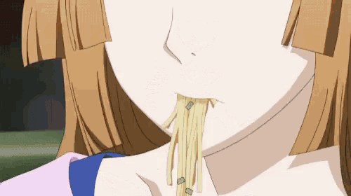 a close up of a girl eating noodles with money coming out of her mouth