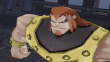 a cartoon character with red hair and a beard is wearing a black shirt and a gold belt .