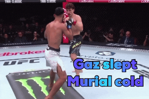 gaz slept murial cold is written on the bottom of a boxing match
