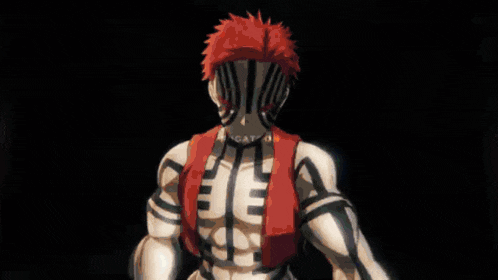 a cartoon character with red hair and white stripes on his body is standing in the dark .