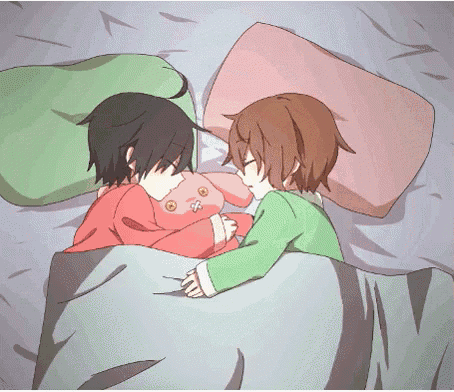 a couple of anime characters are sleeping in bed together