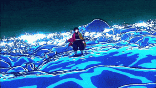 a person standing in a body of water with a sword in their hand