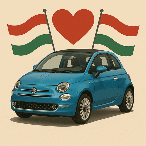 a blue fiat car is in front of two flags with a heart in the background