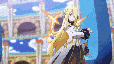a cartoon character with long blonde hair is standing in front of a large letter u