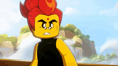 a cartoon character with a red hair and a black shirt has an angry look on his face