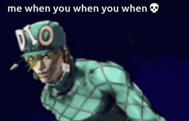 dio from jojo 's bizarre adventure is wearing a green hat with the word dio on it .