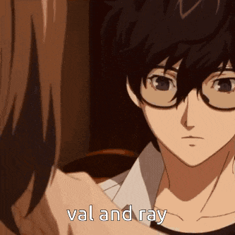 a man with glasses is talking to a woman and the words val and ray are on the bottom
