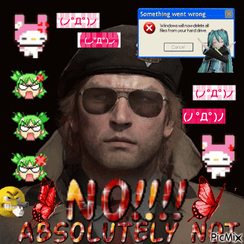 a man wearing sunglasses and a hat is surrounded by butterflies and a computer screen that says " something went wrong "