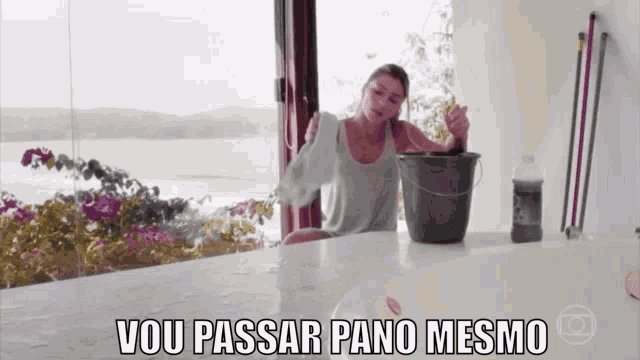 a woman cleaning a window with the words vou passar pano mesmo written below her
