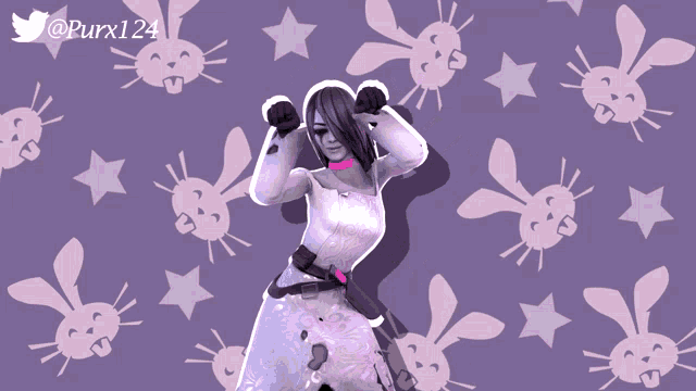 a girl in a white dress stands in front of a pattern of bunny faces and stars