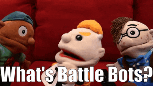 three stuffed animals are sitting on a red couch with the words what 's battle bots on the bottom