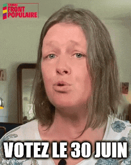 a woman says votez le 30 juin in front of a mirror .