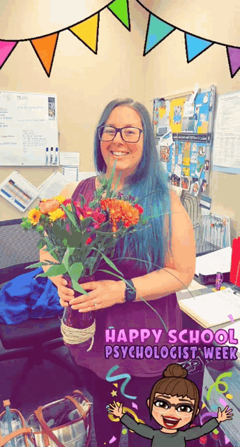 a woman is holding a bouquet of flowers in front of a happy school psychologist week banner