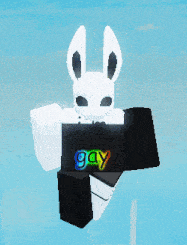a white rabbit with a black shirt that says gay