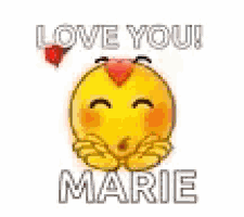 a smiley face with hearts around its eyes and the words `` love you marie '' written on it .