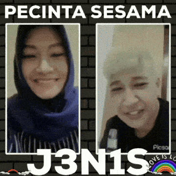 a picture of a man and a woman with the words pecinta sesama j3n1s