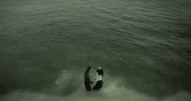a man and woman are holding hands in the ocean .