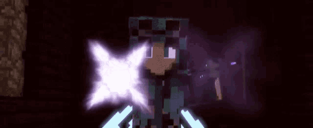 a minecraft character with purple wings is standing in a dark cave .