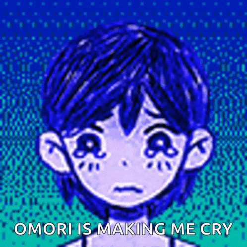 a cartoon of a girl with blue hair and tears in her eyes .